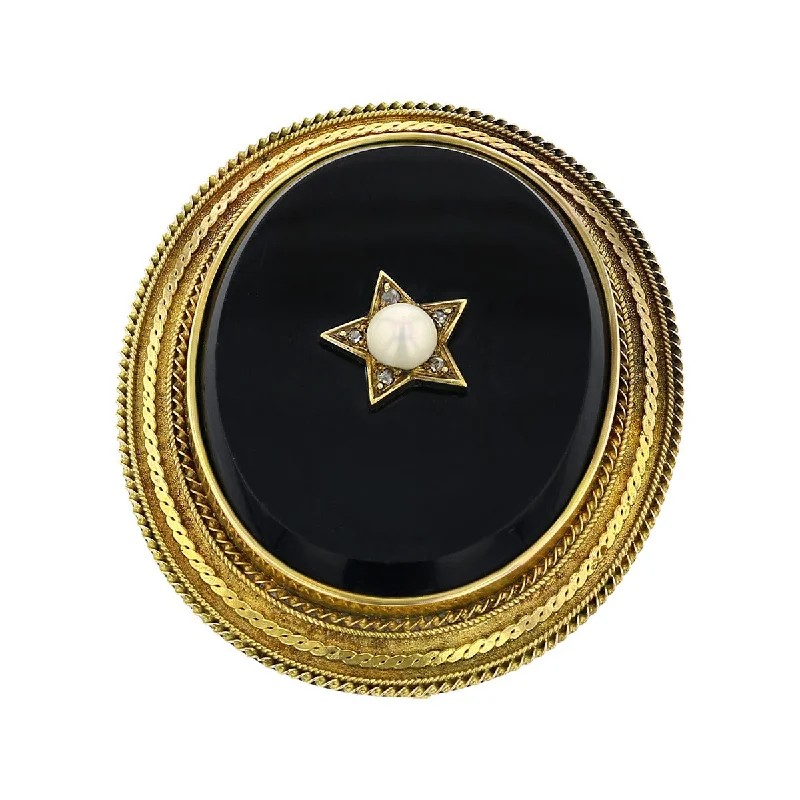 Crystal Embellished Brooch-Mid-Century Onyx Brooch with Pearl and Diamonds