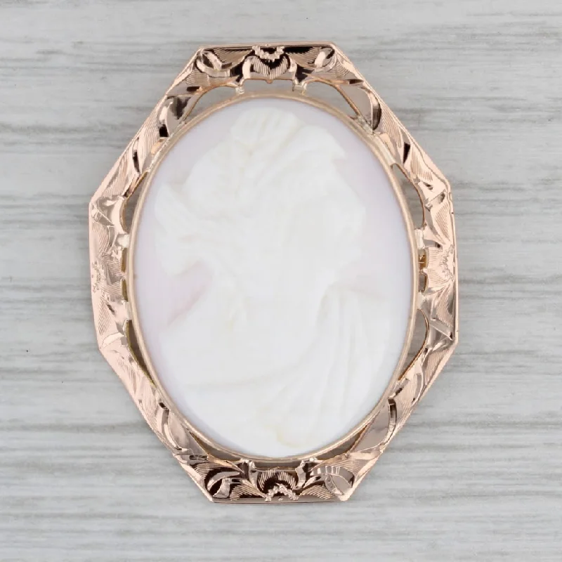 Decorative Gemstone Brooch-Carved Shell Cameo Brooch Floral 10k Rose Gold Vintage Statement Pin