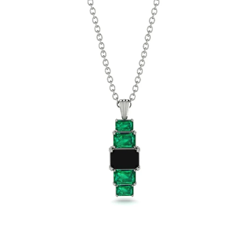 Luxury Silver Necklace with Diamonds-Emerald Cut Black Diamond Stairs Necklace - Briella No. 24