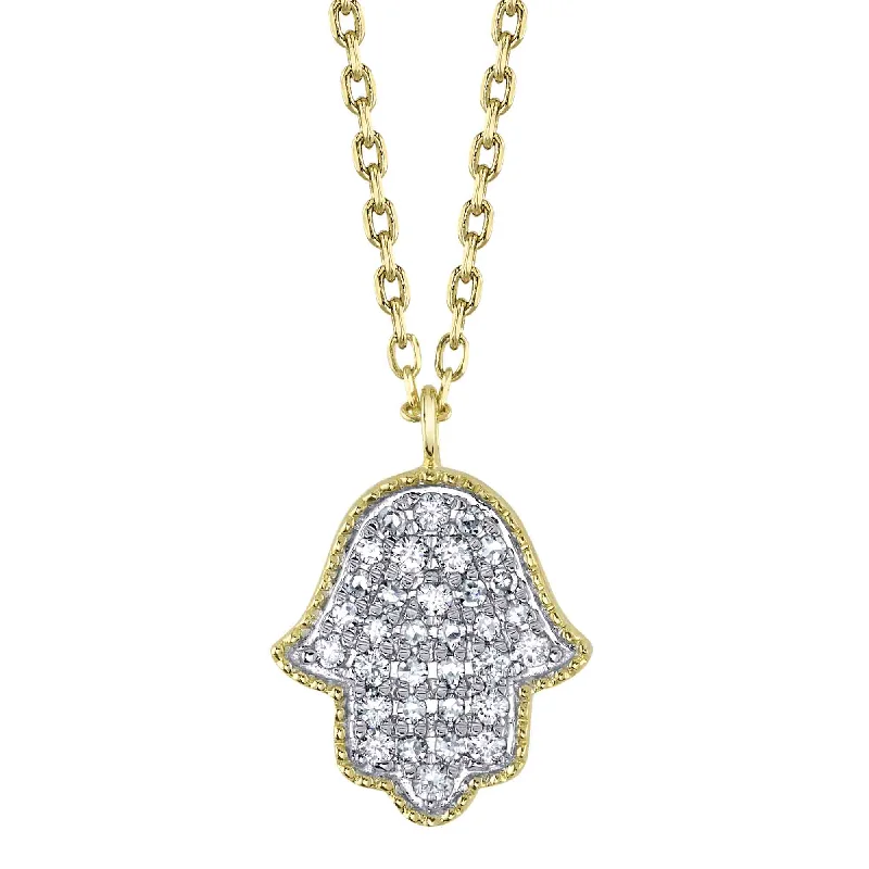 Simple Gold Necklace with Sapphire Pendant-Yellow Gold Diamond Pave Hamsa Necklace