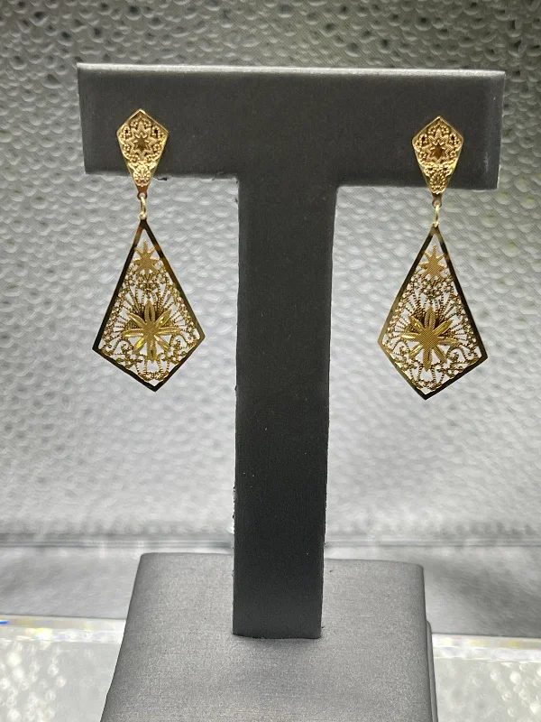 Trendy Long Drop Earrings-Ladies 14 Karat Yellow Gold Filigree Dangling Earrings