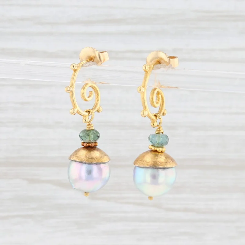 Designer Earrings for Women-Cultured Saltwater Pearl Tourmaline Swirl Drop Earrings 18k Yellow Gold