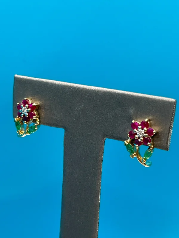 Silver Dangling Earrings-Ladies 14 Karat Gold Ruby Diamond & Emerald Floral Earrings