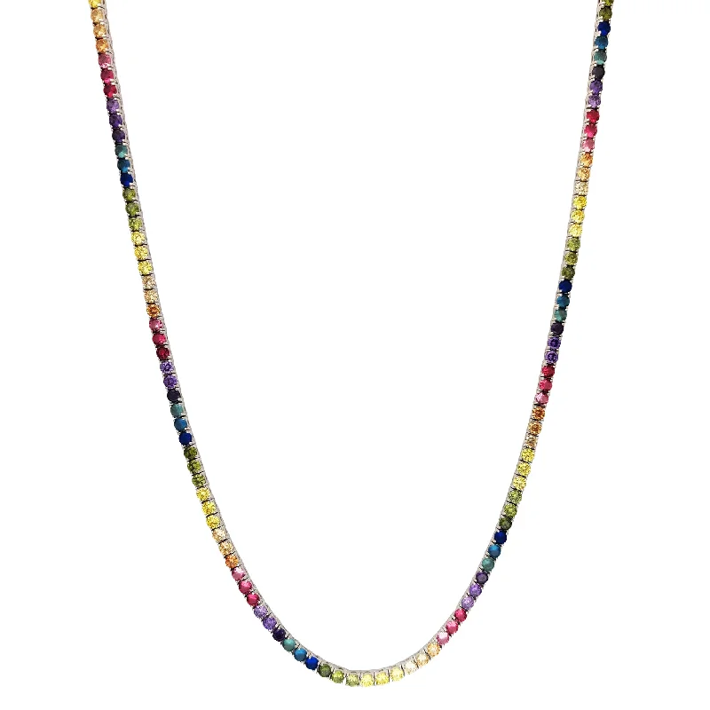 Elegant Bridal Necklace with Diamonds-Rainbow Stone Tennis Chain (Silver)