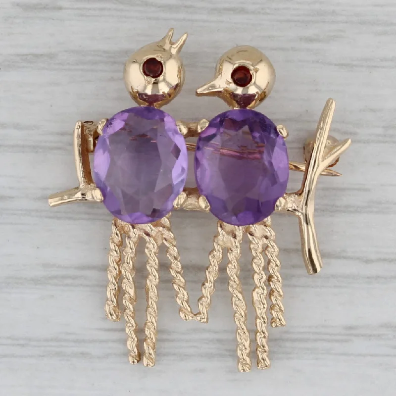 Brooch With Golden Accents-5.04ctw Amethyst Garnet Birds Perched on a Branch Brooch 14k Yellow Gold Pin