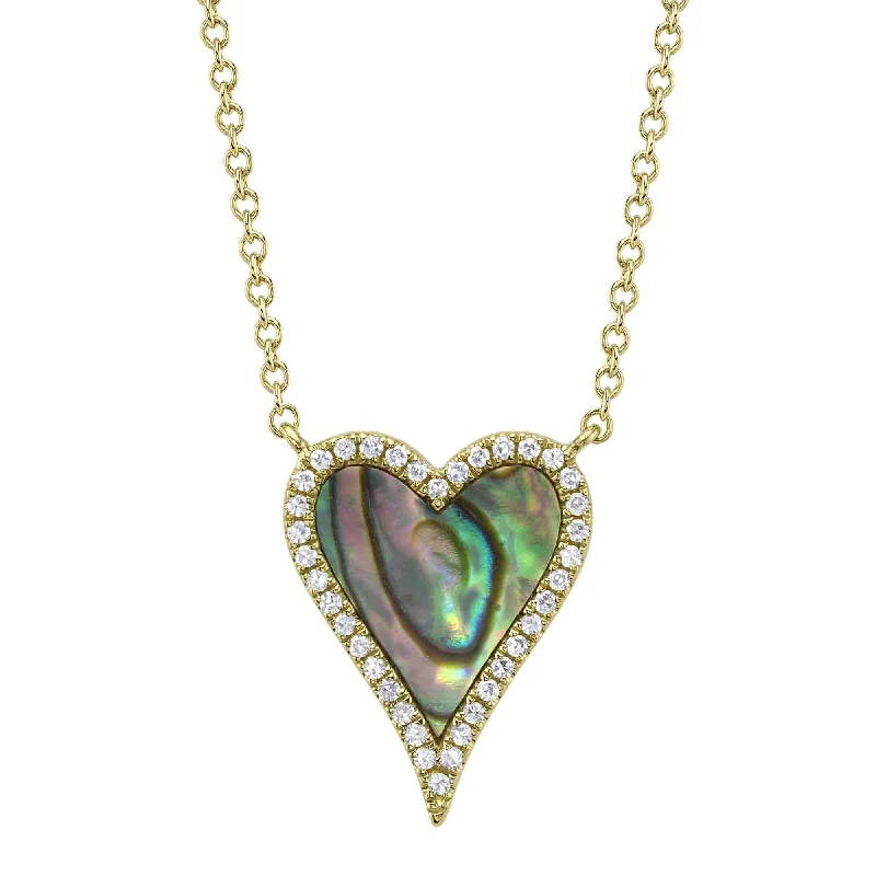 Personalized Bar Necklace with Initials-14kt. Yellow gold Heart Necklace with 0.85ct Abalone Shell Heart and 0.09ct TW Dia Pave