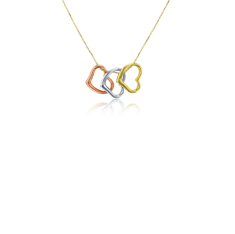 Fashionable Silver Necklace for Women-Tricolor Dangled Triple Open Hearts Fancy Necklace (14K)