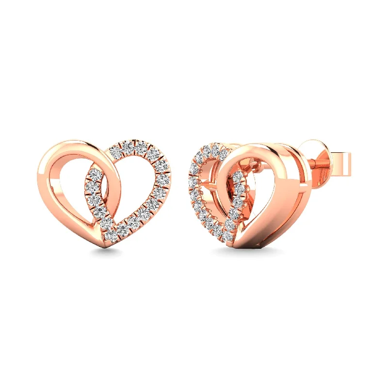 Wedding Day Earrings for Brides-10K Rose Gold 1/10 Ctw Diamond Heart Earrings