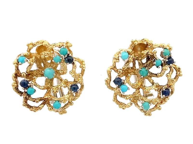 Long Earrings for Evening Wear-Wavy Flower Earrings with Cabochon Sapphires and Turquoises in 18K Yellow Gold