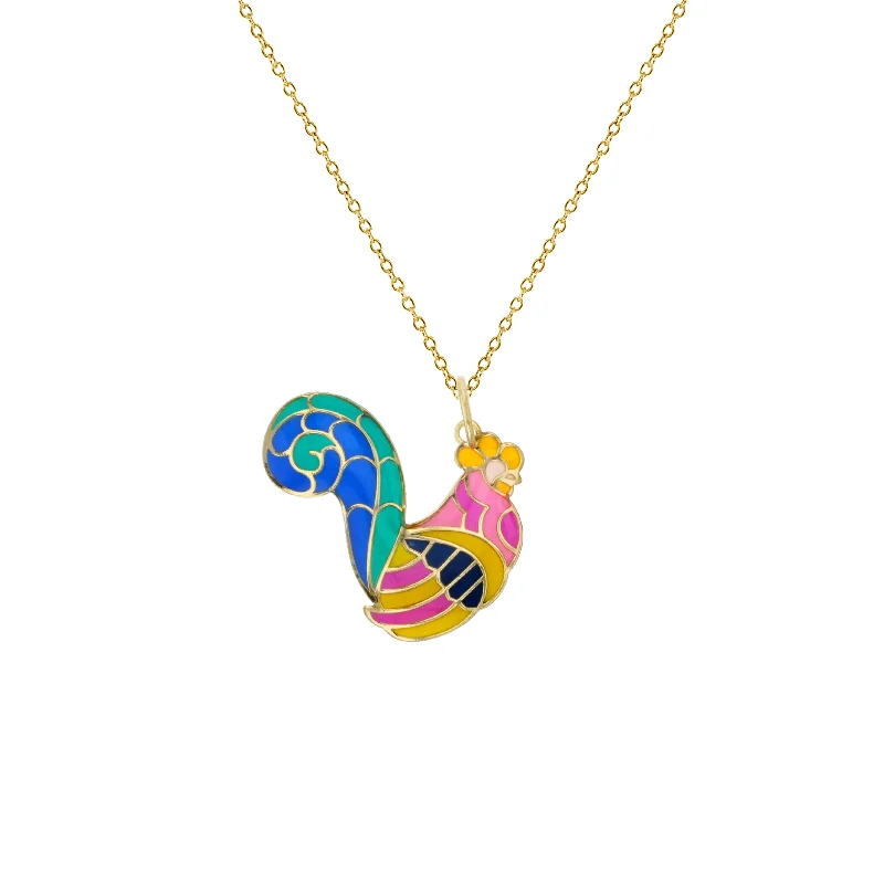 Elegant Sapphire Necklace for Weddings-Colorful-Enameled Rooster Fancy Necklace (14K)