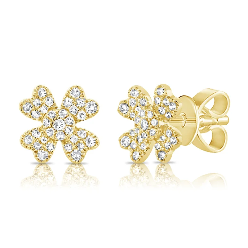 Gold Leaf Earrings for Weddings-Diamond Floral Studs made in 14K Gold