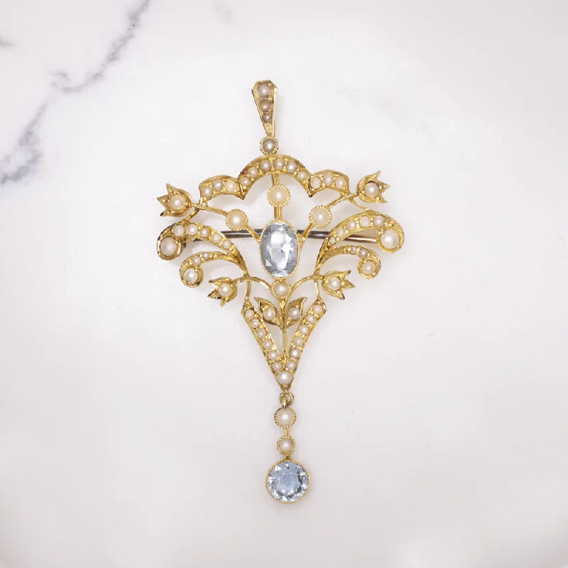 Glamorous Brooch-ANTIQUE AQUAMARINE PEARL PENDANT 15k YELLOW GOLD ENGLISH ART NOUVEAU PIN BROOCH