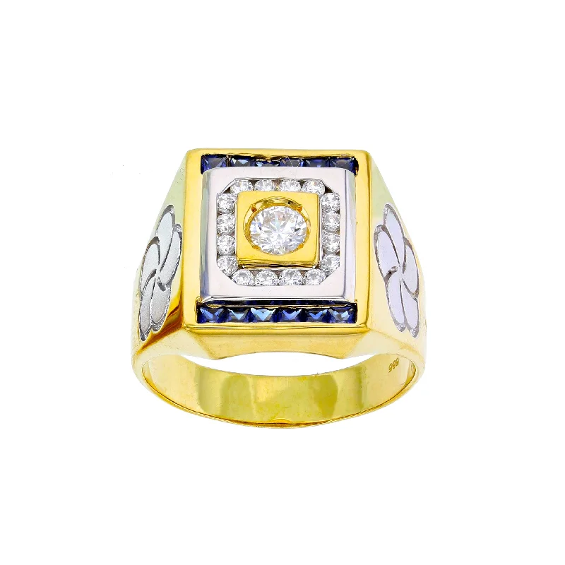 Designer Gold Ring with Emerald-Stones Square Bezel Setting Flower Design Men's Ring (14K)