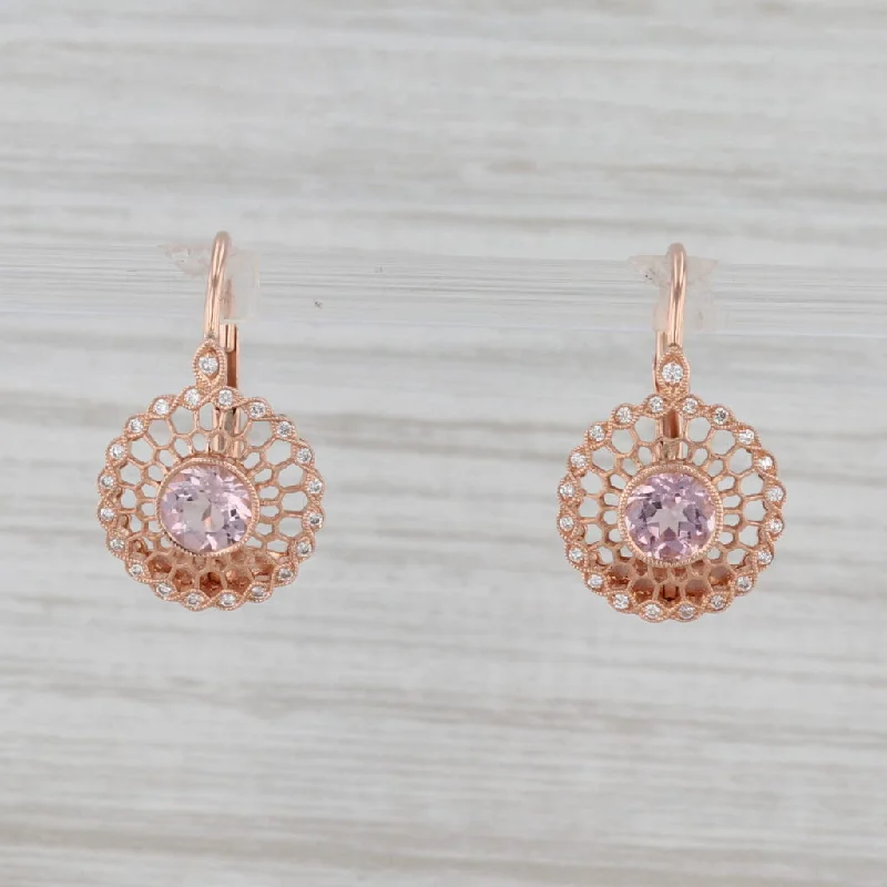 Sparkly Gemstone Earrings-New Beverley K 1.1ctw Morganite Diamond Halo Earrings 14k Rose Gold Filigree