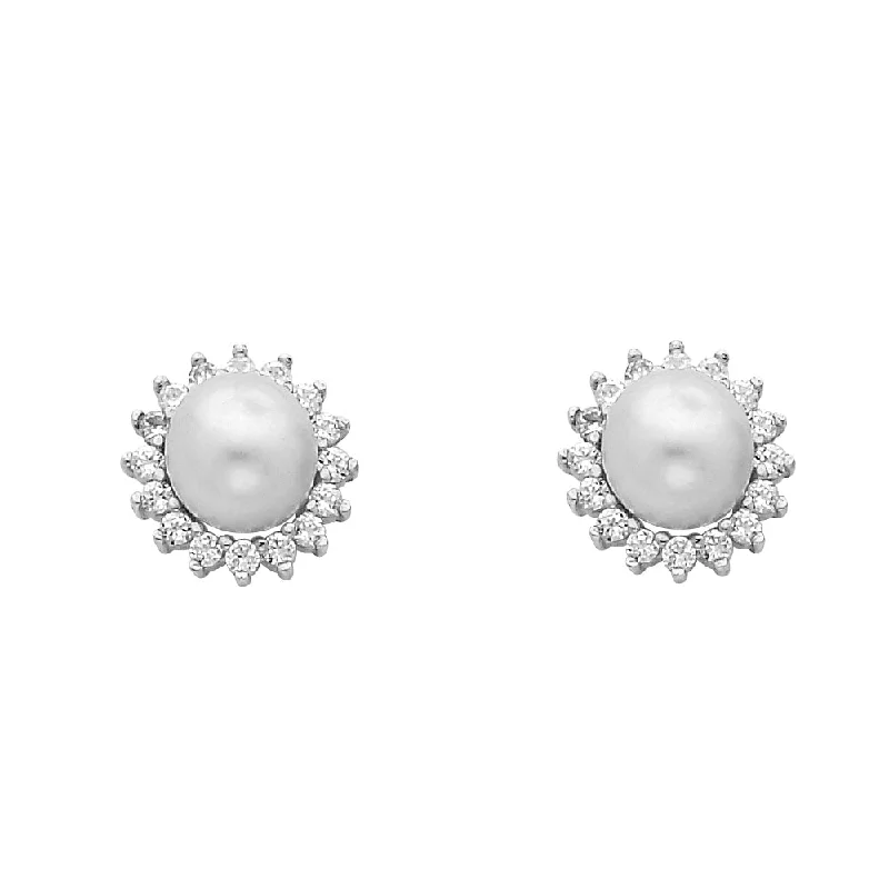 Pearl Stud Earrings for Formal Wear-14KW 8mm Pearl with CZ Earrings