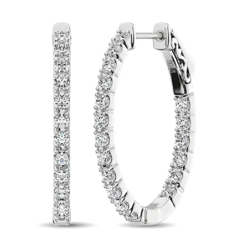 Gold Glitter Earrings-14K White Gold Diamond In and Out Hoop Earrings