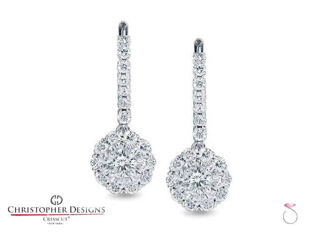 Elegant Sterling Silver Earrings-1.25 ct. Round Crisscut Diamond Halo Dangling Earrings G52ERF