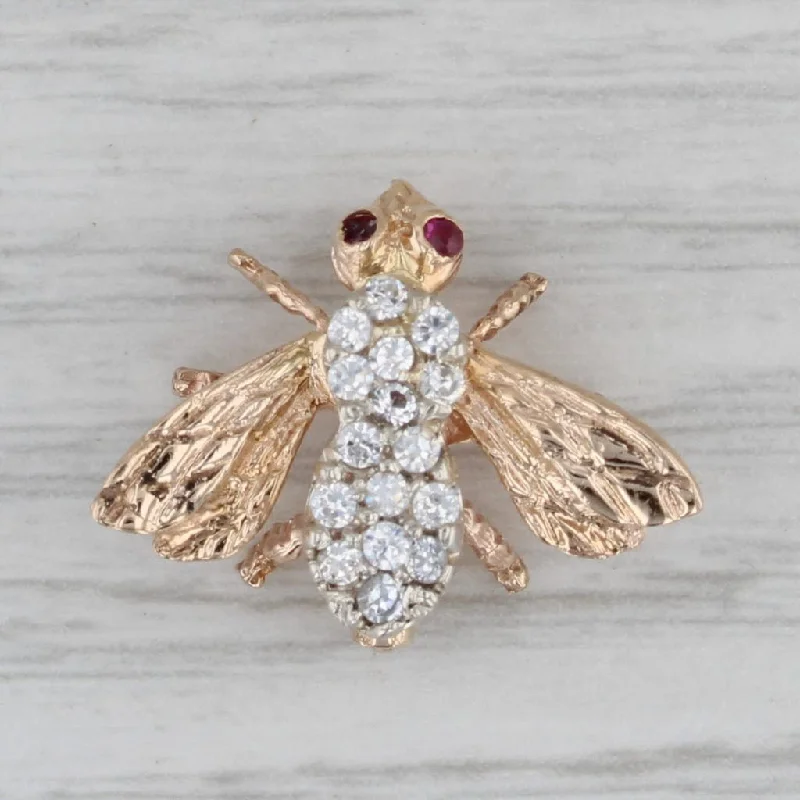 Bridal Brooch-0.26ctw Cubic Zirconia Ruby Bumble Bee Pin 14k Yellow White Gold Brooch