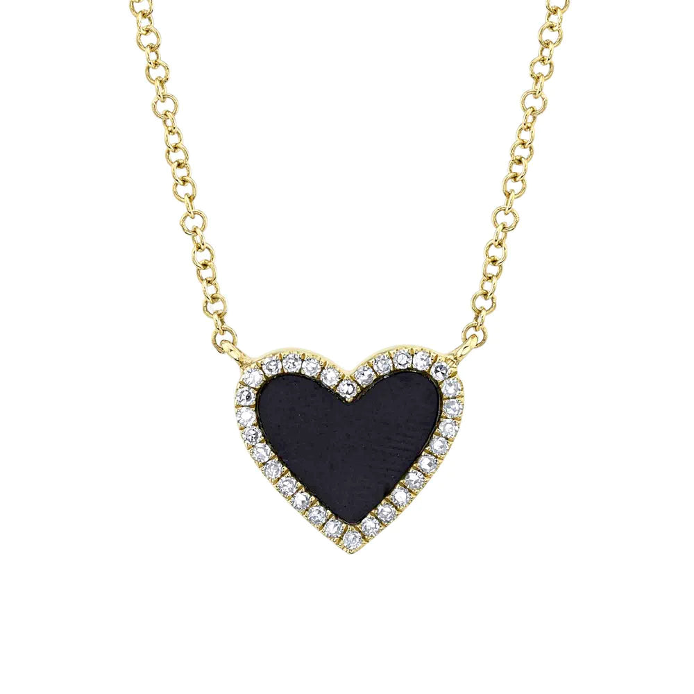 Sparkling Diamond Necklace with Emerald Accents-Yellow Gold Onyx Diamond Pave Heart Necklace