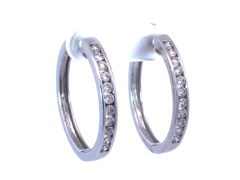 Vintage Silver Earrings-Channel Set Diamond Hoop Earrings in 14K White Gold