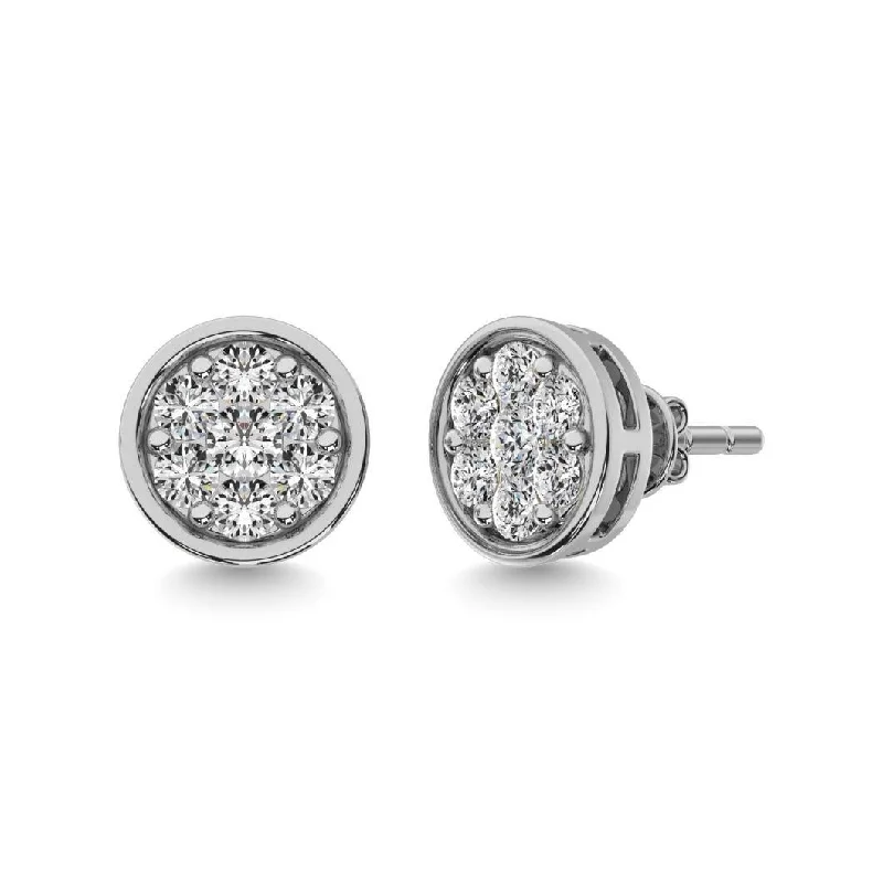 Layered Gold Earrings-Diamond Round Earrings in 14K White Gold