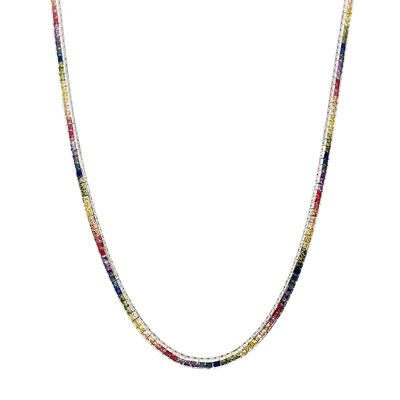 Long Pendant Necklace for Casual Style-Rainbow Channel Setting CZ Tennis Chain (Silver)