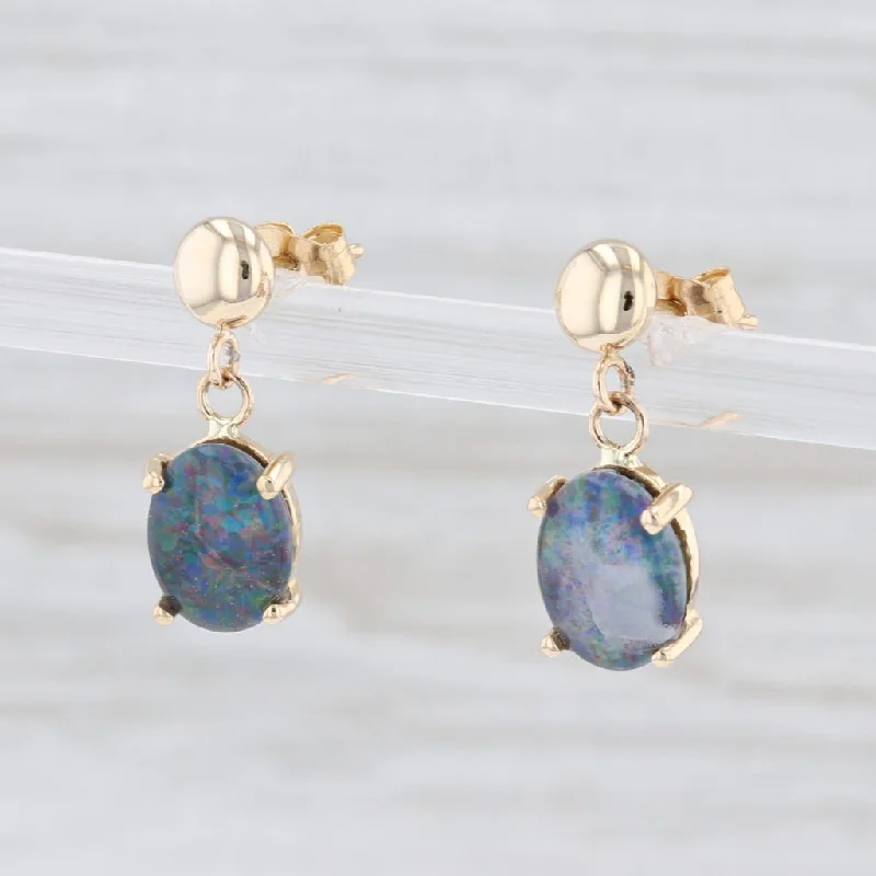 Silver Earrings for Sensitive Ears-Rainbow Flecked Blue Synthetic Opal Drop Earrings 14k Yellow Gold Oval Solitaire