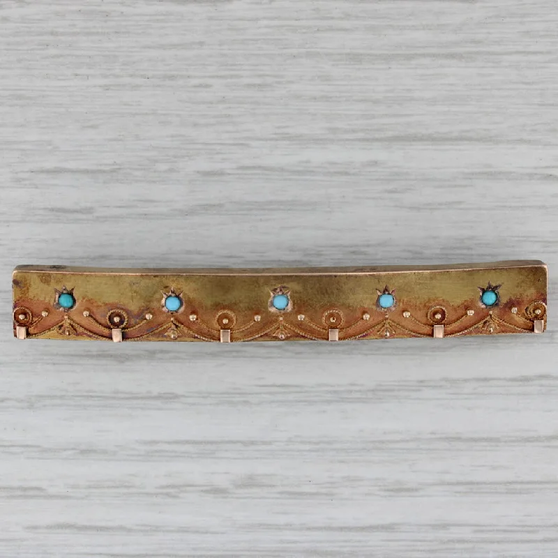 Brooch For Formal Attire-Antique Ornate Bar Brooch Turquoise & Glass 20-21k Yellow Gold Pin