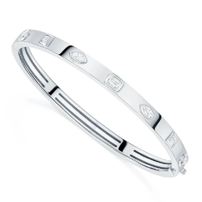 Elegant Silver Bangles with Floral Pattern-18ct White Gold Seven Stone Fancy Cut Diamond Rubover Set Bangle