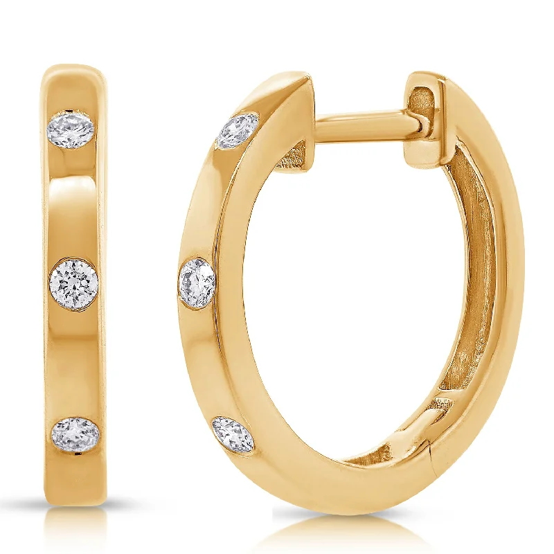 Beautiful Heart Shaped Earrings-14K Gold Huggie Hoop Earrings with Bezel-Set Diamonds