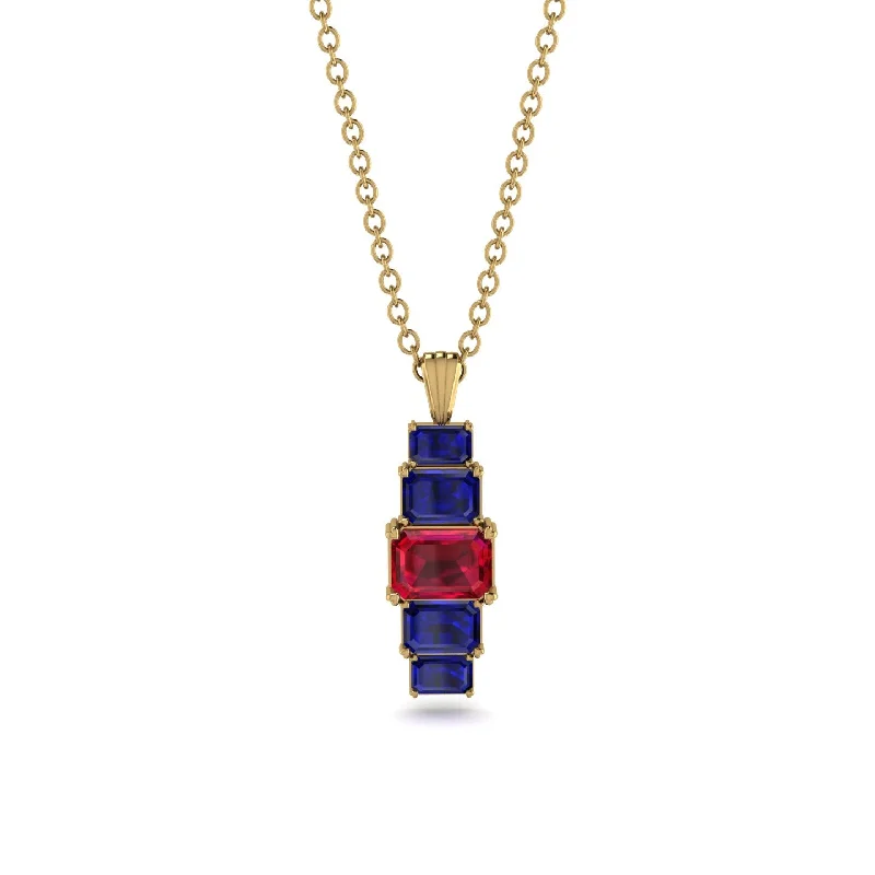 Designer Necklace with Pearl and Gold Details-Emerald Cut Ruby Stairs Necklace - Briella No. 70