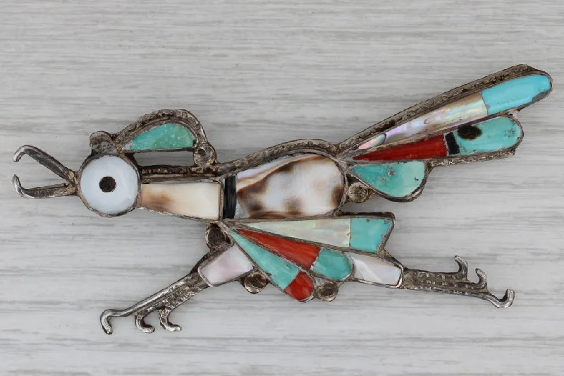 Personalized Flower Brooch-Native American Road Runner Stone Mosaic Vintage Large Brooch Sterling Silver