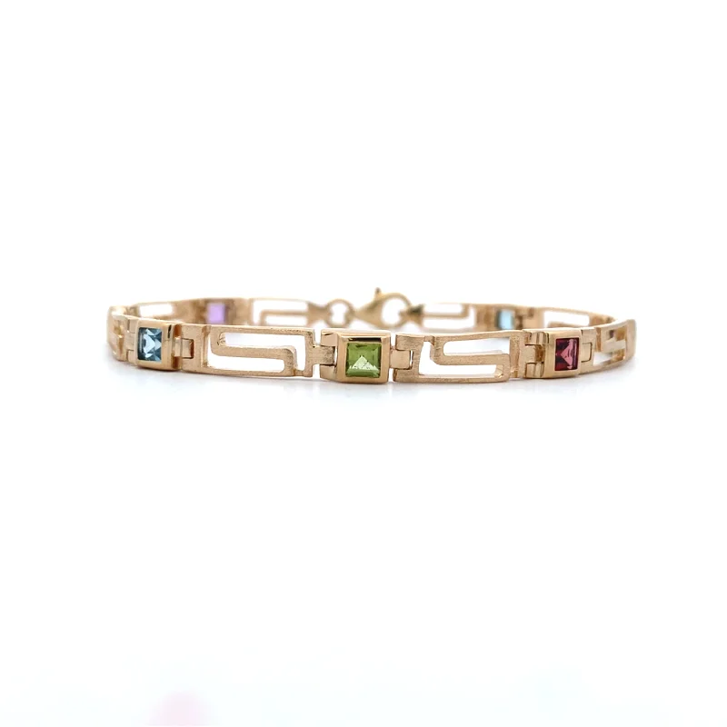 Simple Bracelet with Natural Gemstones-Estate Gemstone Greek Key Bracelet in Yellow Gold