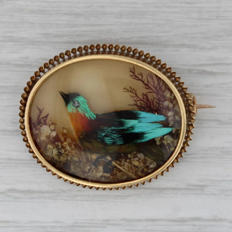 Large Statement Brooch-Antique Floral Bird Brooch 18k Gold 1860s Pin Glass Feathers Portrait French