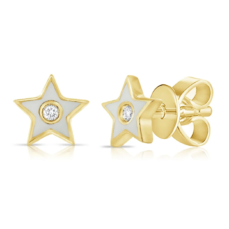 Layered Gold Drop Earrings-White Enamel Diamond Star Stud Earrings in 14K Gold