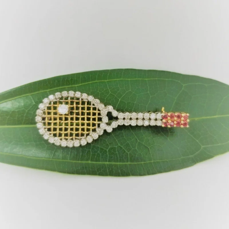 Elegant Brooch For Parties-Tennis Racket Brooch with Diamonds and Rubies in Yellow Gold