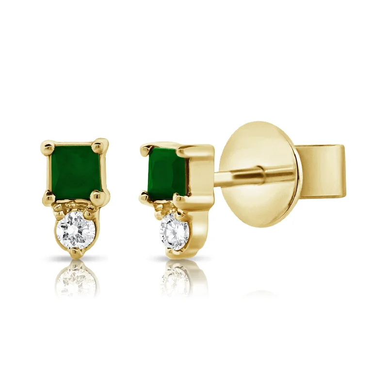 Shiny Gold Earrings-14K Emerald & Diamond Stud