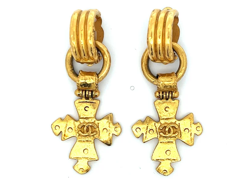 Custom Gold Earrings-CHANEL Vintage Cross CC Dangly Earrings