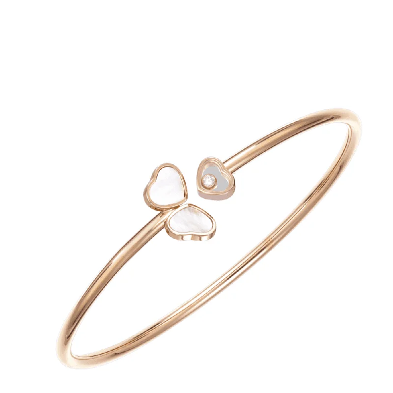 Trendy Stackable Silver Bangles for Fashion-18ct Rose Gold Happy Hearts Wings Three Heart Bangle With Mother Of Pearl & One Single Floating Diamond