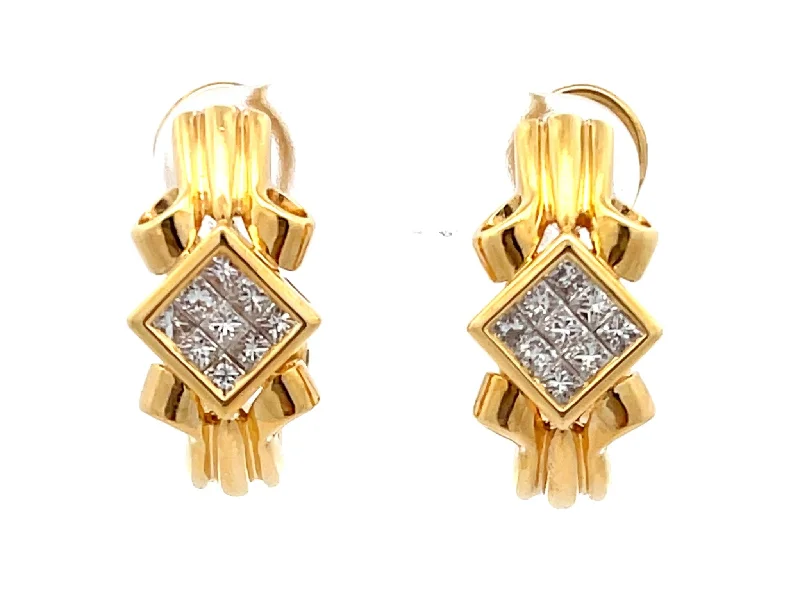 Light Crystal Earrings-Princess Cut Diamond Huggie Earrings in 18k Yellow Gold