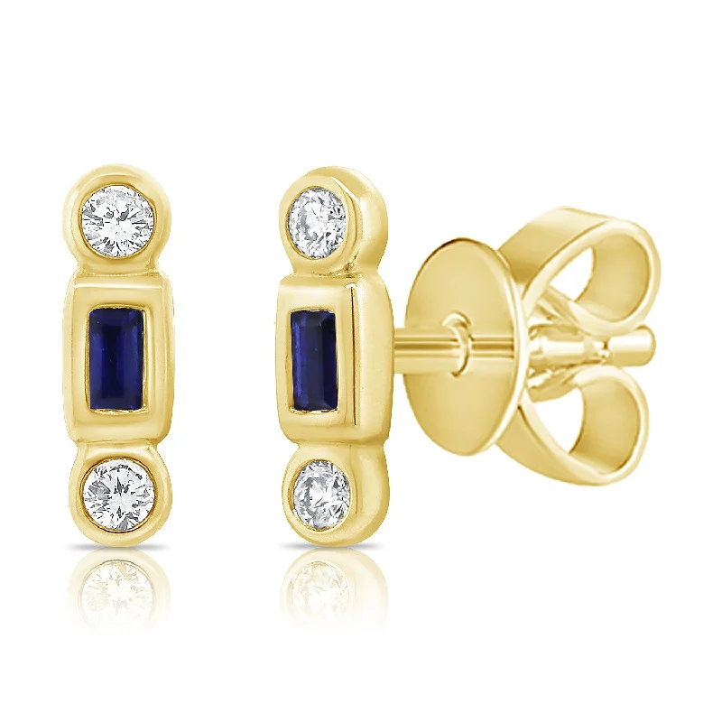 Diamond Drop Earrings for Women-Sapphire and Diamond Bar Stud Earrings in 14K Gold