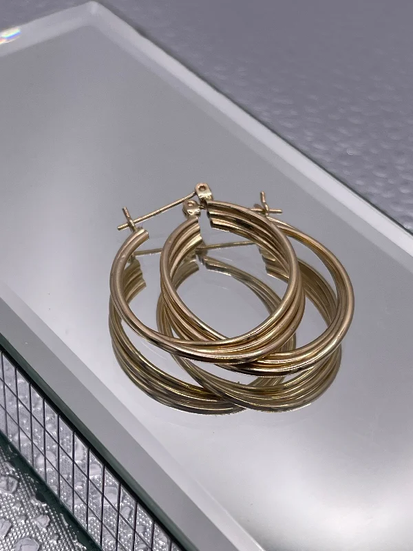 Gemstone Hoop Earrings for Weddings-Ladies Vintage 14 Karat Yellow Gold Triple Tubular Hoops