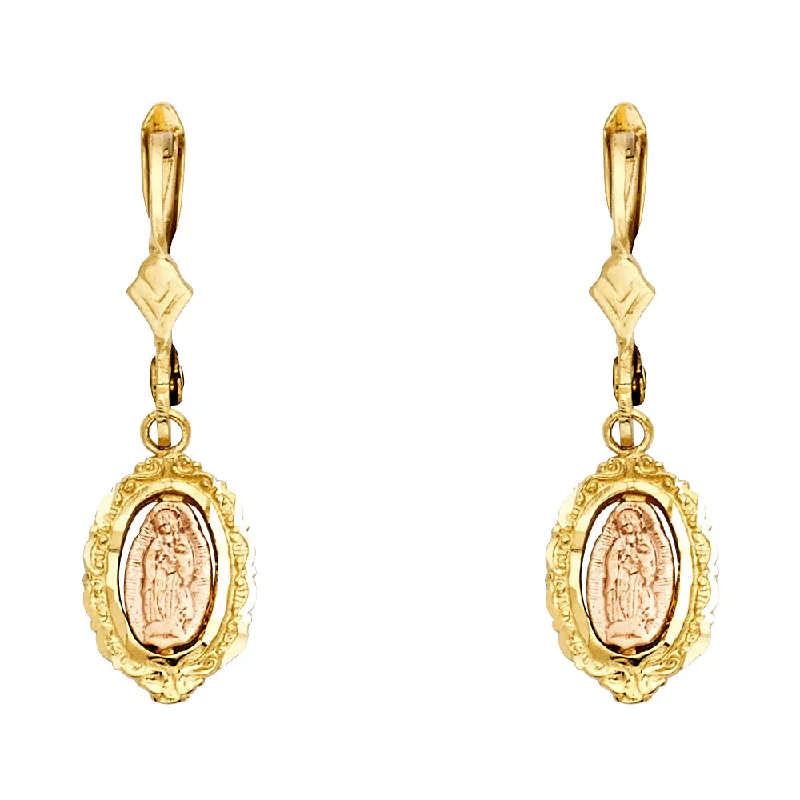 Long Gold Drop Earrings-14K Hanging Our Lady of Guadalupe Earrings