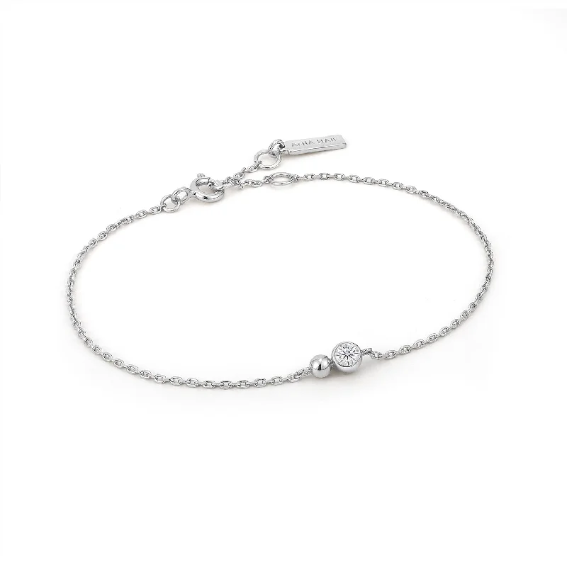 Classic Leather Bracelet with Custom Engraving-Orb Sparkle CZ Chain Bracelet in Silver by Ania Haie