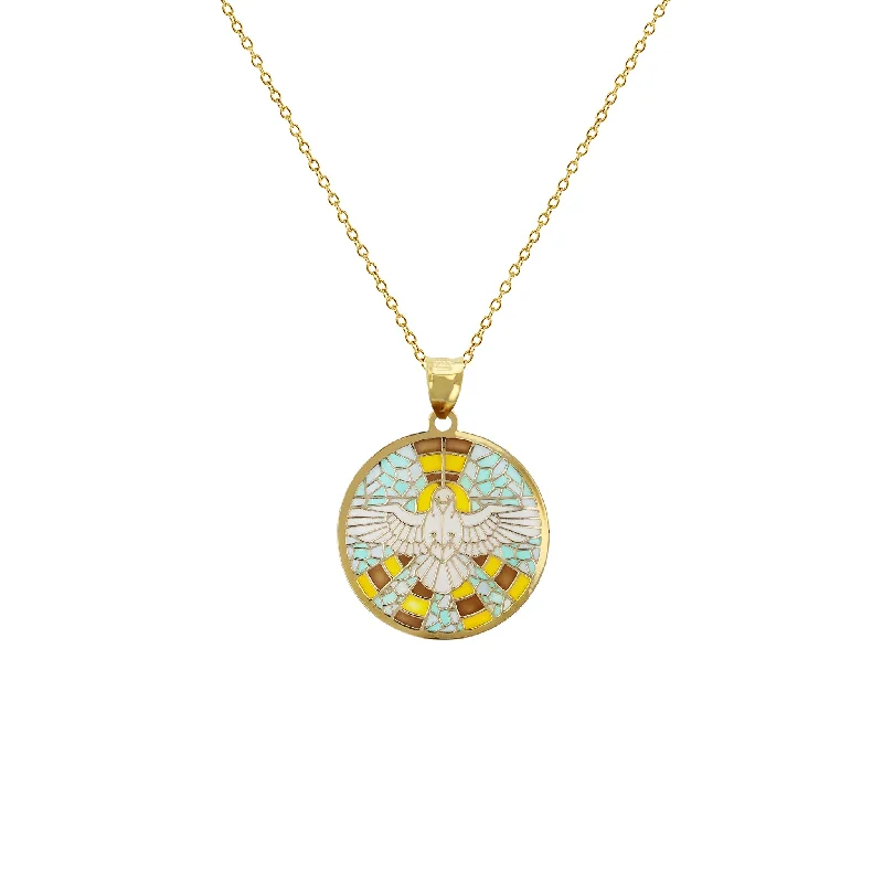 Luxury Silver Necklace with Diamonds-Colorful-Mosaic Landing Pigeon Medallion Fancy Necklace (14K)