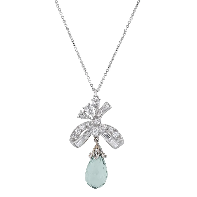 Vintage-Inspired Necklace with Large Gemstone-Green Beryl Briolet Diamond Platinum Estate Pendant Necklace