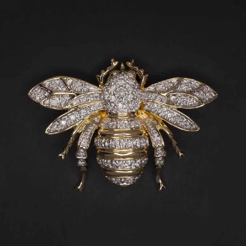 Classic Brooch For Women-NATURAL DIAMOND 14k YELLOW GOLD HONEY BEE PIN 8.5 GRAM SOLID BROOCH PENDANT PAVE