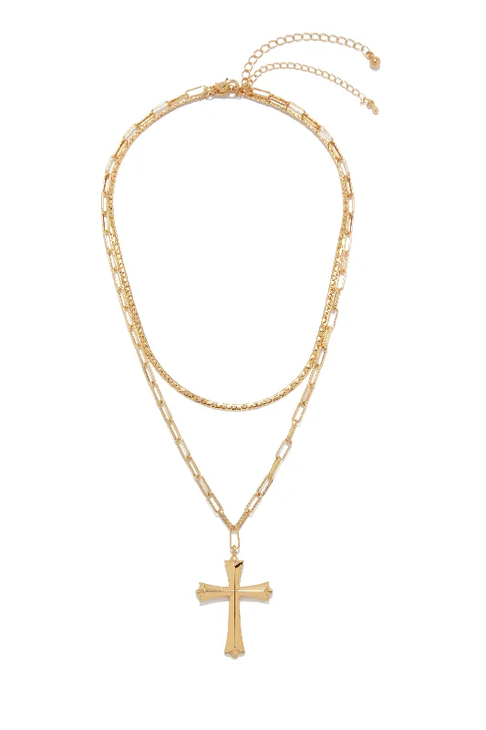 Vintage Style Pearl Necklace for Brides-All My Faith Two Piece Layered Cross Pendant Necklace Set - Gold