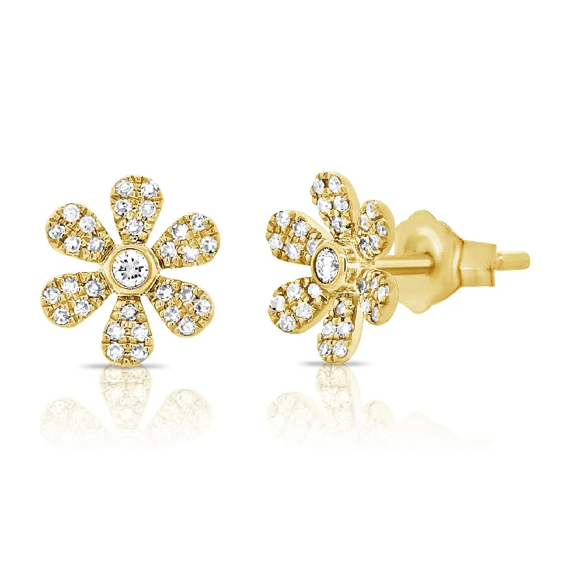 Silver Stud Earrings for Women-14K Gold Flower Stud Earrings with Diamonds