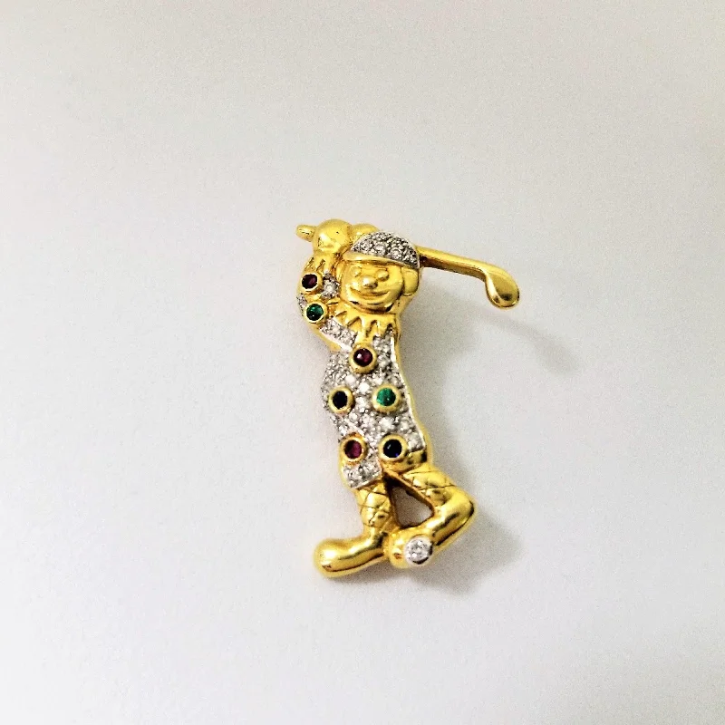 Brooch For Evening Gowns-Golfer Brooch of 18 kt Yellow Gold with Diamonds and Gemstones